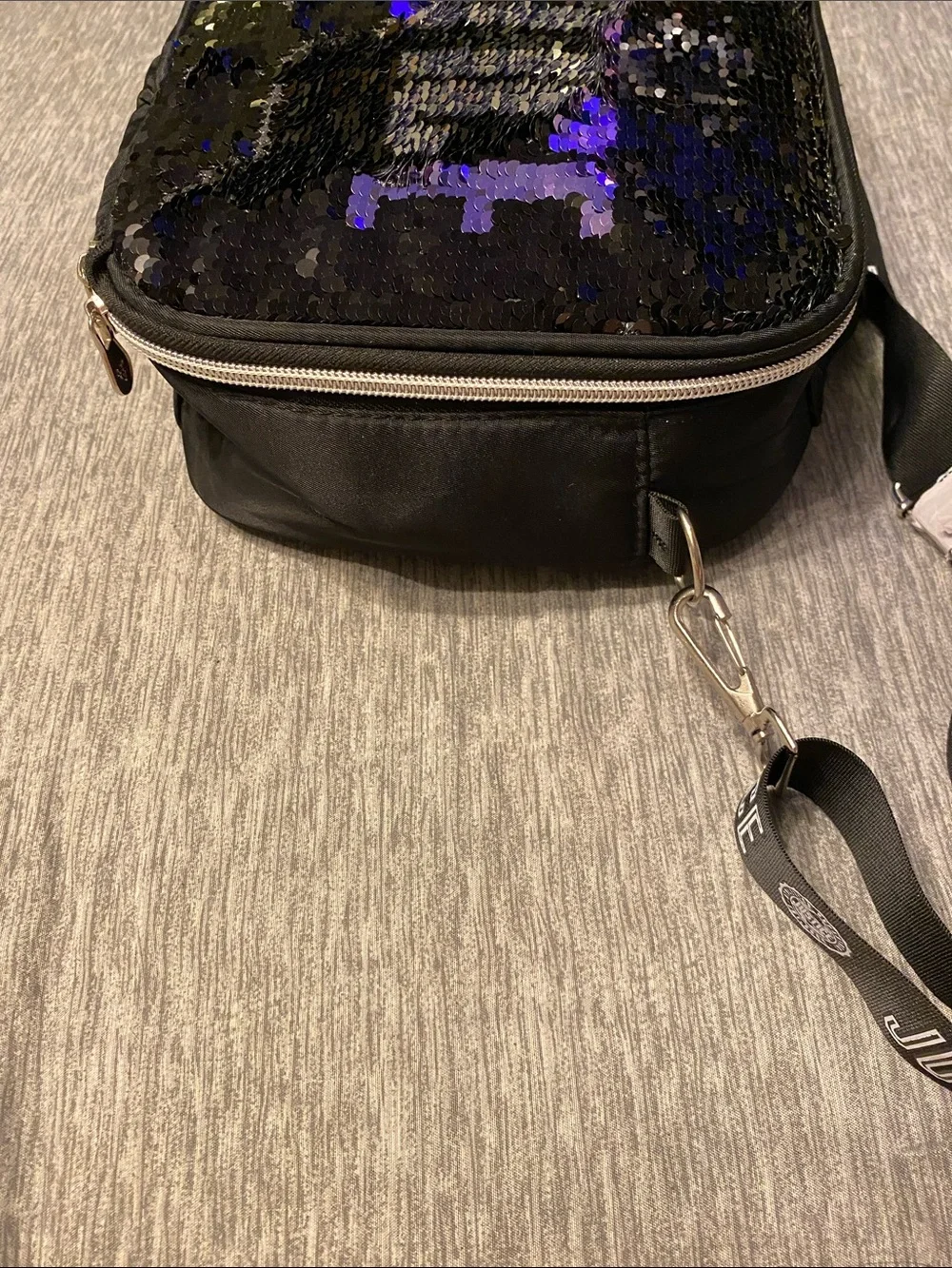 Justice Flip Sequin Lunchbox Tote w/ Crossbody Strap Black Silver & Purple NWOT